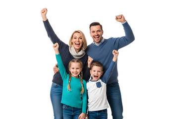 A joyous family radiates pure energy and excitement, celebrating a significant achievement together with enthusiasm.