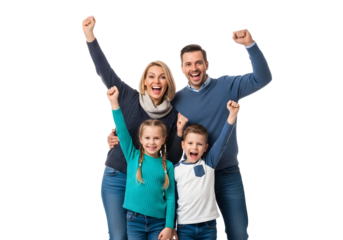 A joyous family radiates pure energy and excitement, celebrating a significant achievement together with enthusiasm.
