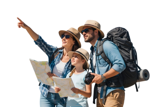 An adventurous family, ready for exploration with maps and backpacks, actively points towards their next exciting destination, making memorable travel plans together.