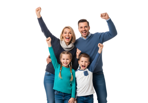 A joyous family radiates pure energy and excitement, celebrating a significant achievement together with enthusiasm.