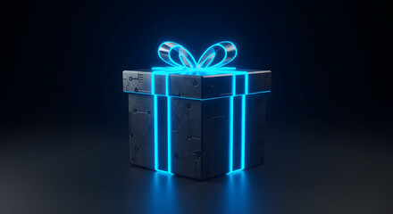 Futuristic gift box with glowing neon blue accents radiates excitement, wonder, and anticipation