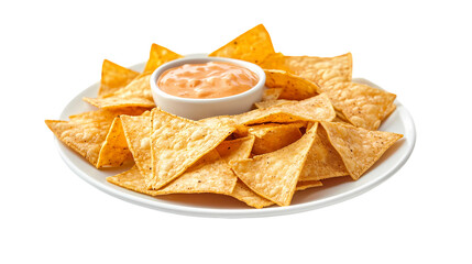 Appetizing Plate of Crispy Nachos with Cheese Sauce Isolated transparent on white background