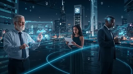 Diverse group of people interacting with digital interfaces in a futuristic city setting. - Powered by Adobe
