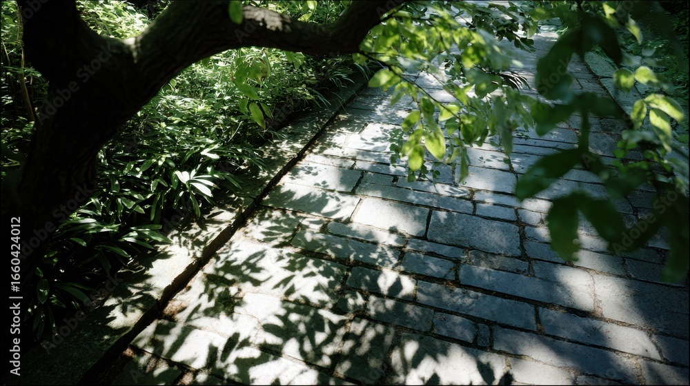 Aufkleber sunlight streaming through leafy branches creates dynamic dappled shadows on a stone pathway capture
