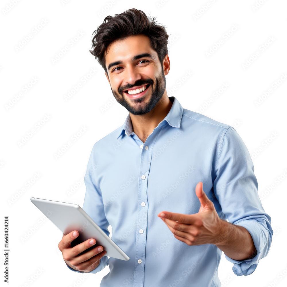 Poster smiling middle eastern man holding a tablet computer and pointing enthusiastically isolated on trans