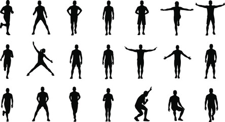 Silhouettes of diverse human poses and movements, standing, running, raising arms, dynamic stances, anatomy reference, motion analysis, artistic body gestures
