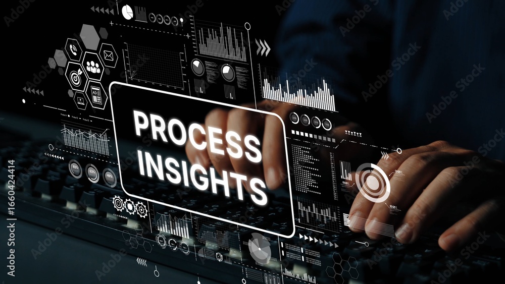 Poster innovative data analysis with process insights displayed on digital screen in modern office environm
