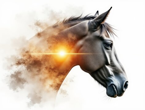 Majestic horse head dissolving into fiery smoke and light