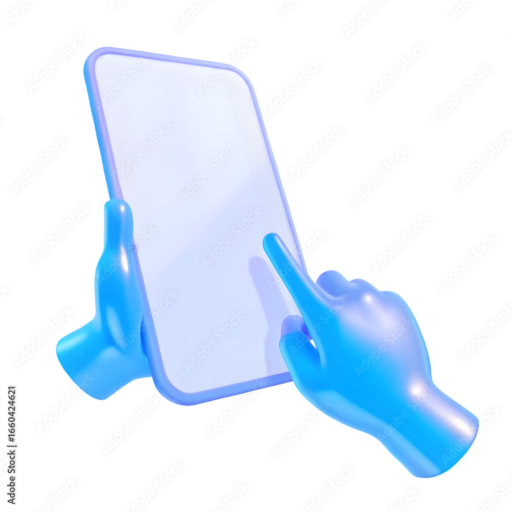 Poster 3d rendering of blue hands interacting with a smartphone on a black background for technology concep