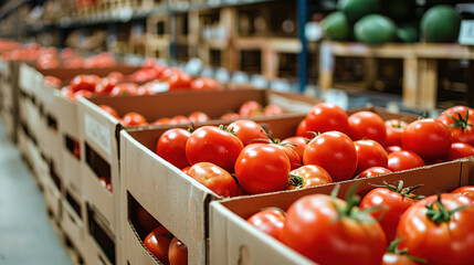 Fresh red tomatoes in wooden crates arranged in a grocery store aisle. The scene showcases a vibrant display of produce.