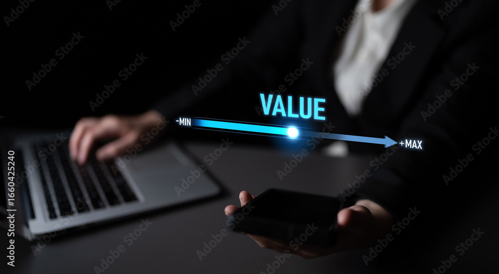 Aufkleber value measurement and adjustment concept showing value, performance, and optimization level with foc