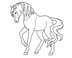 A horse, a domestic animal symbolizing 2026, is a vector linear image for coloring. Outline. A mare is a graceful, purebred animal for a coloring book.