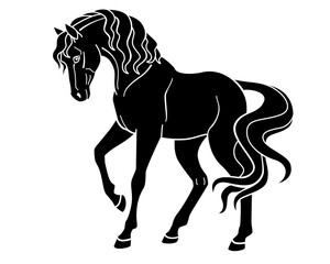 A horse with a wavy mane, a domestic animal symbolizing 2026, is a vector silhouette image suitable for a logo, pictogram, or stencil. A mare is a graceful, purebred animal suitable for a stencil.