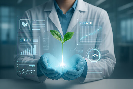 Scientist holding glowing plant with futuristic holographic growth data sustainable biotechnology innovation digital health technology concept laboratory research eco friendly agriculture science futu