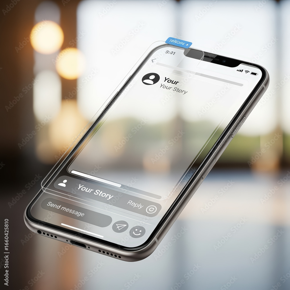 Poster modern smartphone displaying a clear screen with a blurred background