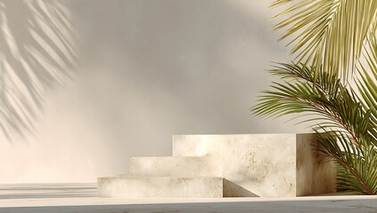 Elegant Product Display with Natural Light and Palm Fronds A Minimalist Aesthetic for Modern Marketing and Advertising Visuals
