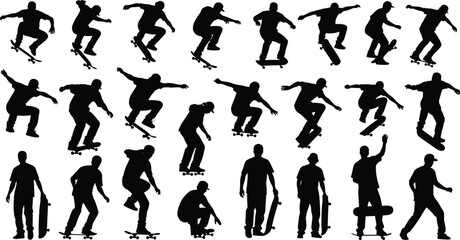 Skateboarder silhouette, skateboarding tricks, extreme sport, jump stunt, balance pose, skate park, urban lifestyle, freestyle move, skating action, athlete performance