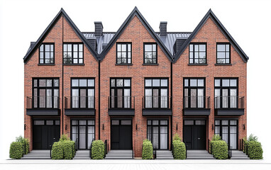 Fototapeta premium Urban townhouse with brick facade and black window frames showcasing modern residential design isolated on white background PNG