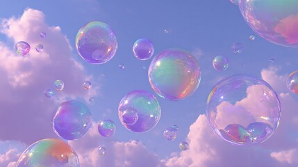 Bubbles float among lavender clouds in a whimsical sky scene