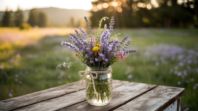 Lavender Bouquet in Mason Jar on Wooden Table with Field Background Serene Outdoor Scene