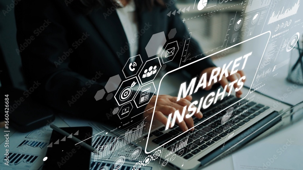 Poster professional analysis of market insights with laptop and data visualizations in business environment