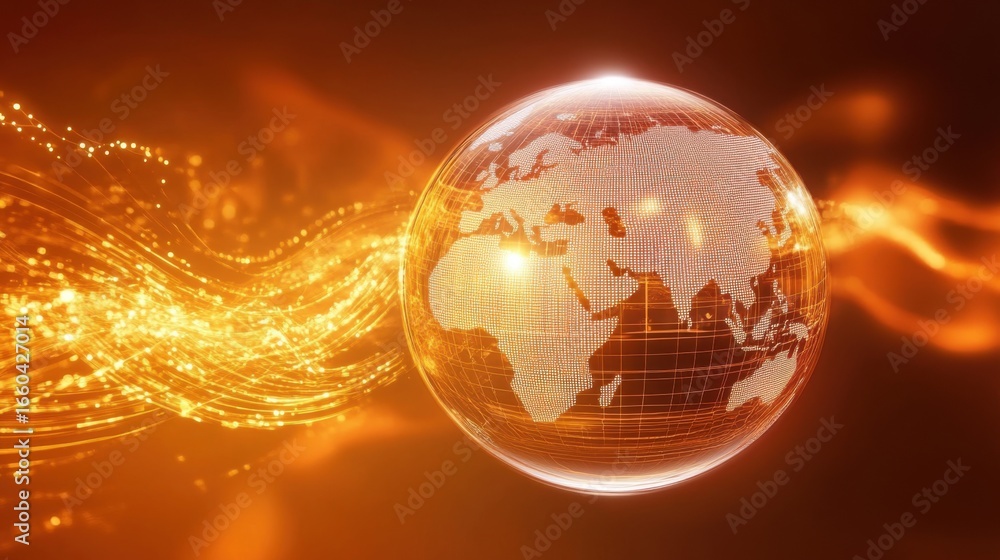 Poster glowing globe visualization with data connections flowing through space at dusk