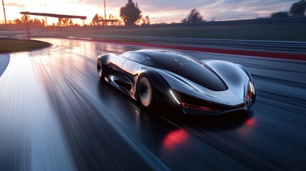 Obraz premium Futuristic sports car racing on wet racetrack at sunset
