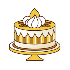 Outline icon of a golden cake topped with white cream and almonds, displayed on a luxurious table, isolated on a white background.
