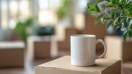 Obraz premium Coffee mug placed on a cardboard box in a bright and cozy interior with houseplants and packed items
