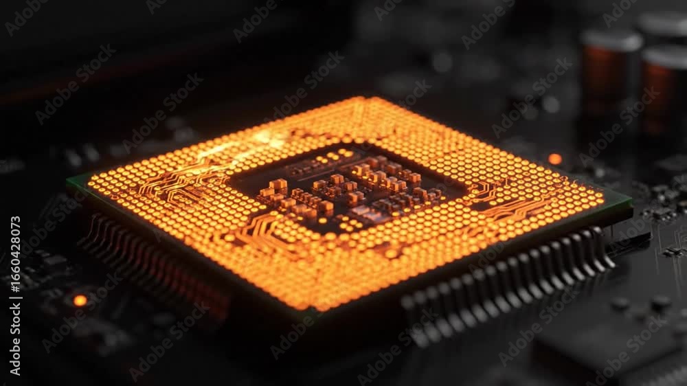 Poster electronic chip processor on circuit board with glowing orange components