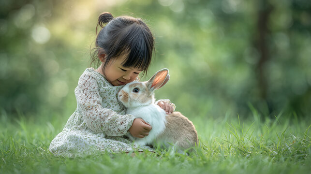 Asian little girl in a dress playing with a rabbit on the green grass. Friendschip between child and pet. Cute animal, alternative pet. Young girl playing with rabbit in the garden. Cute bunny.