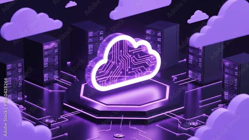 Poster futuristic cloud computing network with servers and circuitry in purple tones