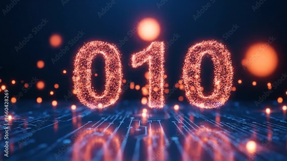 Poster glowing binary code pattern on a blue circuit board background with 0 and 1 digits