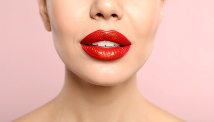 Obraz premium Close-up view of a woman's face featuring vibrant red lipstick, highlighting the smooth texture and captivating allure of full lips.