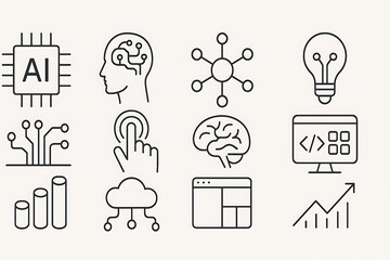 Artificial intelligence technology icon set, modern digital AI line symbols including brain, cloud computing, coding, innovation, light bulb, data chart, futuristic network design, contemporary minima