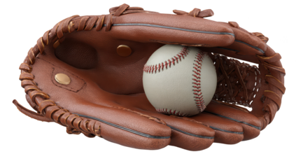 Baseball glove holding a ball.  A brown leather baseball glove cradles a white baseball.  Stitching details on both glove and ball are visible.  Close-up view