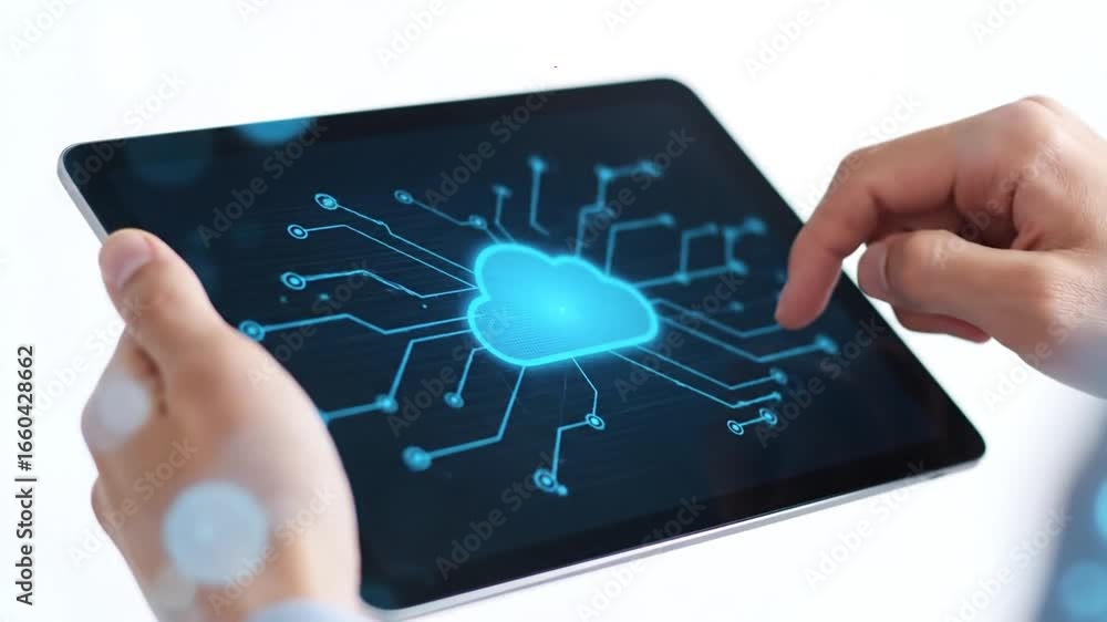 Poster hands holding tablet displaying cloud network on white background