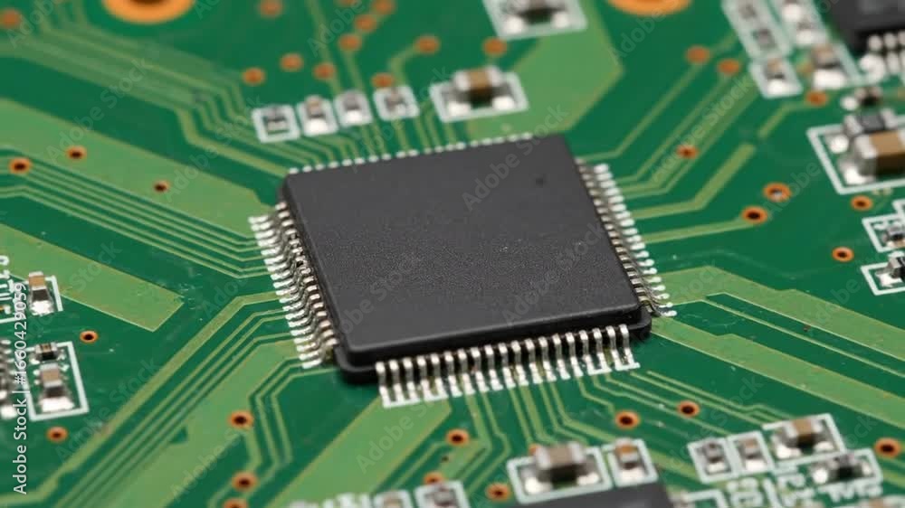 Poster macro shot of a black microchip on a green computer circuit board with electronic components