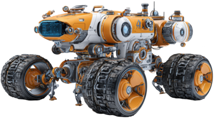 Futuristic orange and white rover with large wheels, advanced tech, digital display