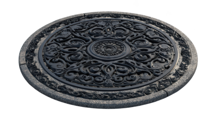 Ornate stone and metal round decorative element, dark finish, detailed carving