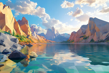 Low poly fjord in tranquil colors with serene water texture