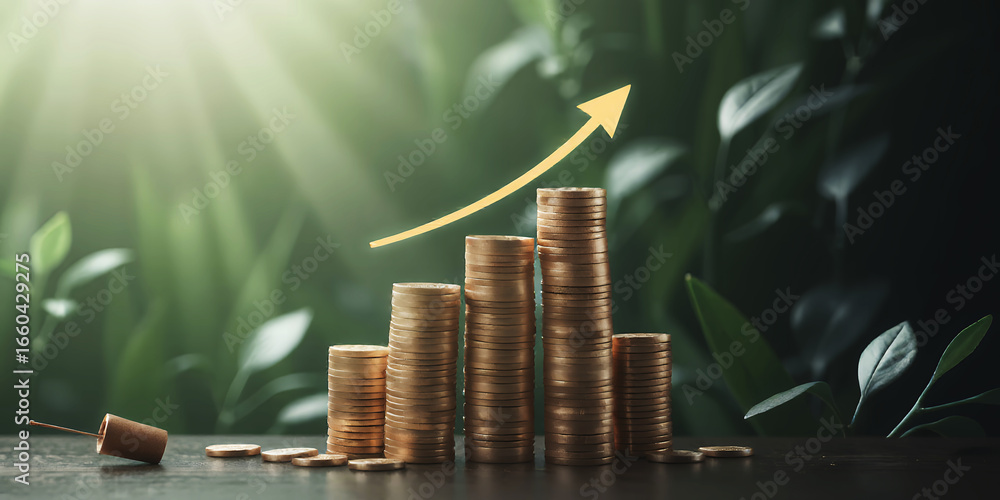 Poster stack of coins arranged as a bar graph with upward arrow and green foliage background