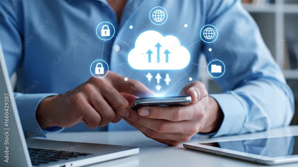 Poster man using mobile phone with cloud network and security digital data