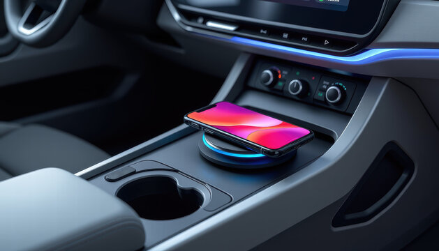 Smartphone wireless charging car interior technology modern dashboard cupholder illuminated convenience luxury connectivity