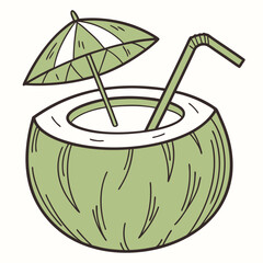 Coconut coctail with straw vector illustration. Tropical drink