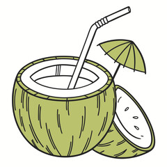 Coconut coctail with straw vector illustration. Tropical drink