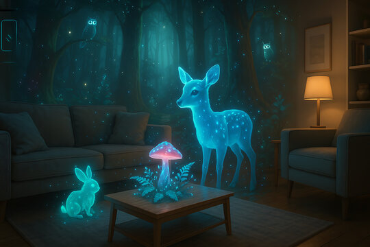 Glowing holographic deer rabbit and mushroom inside modern living room, magical fantasy neon forest concept, surreal luminous animals futuristic interior design illustration, enchanted digital dream b