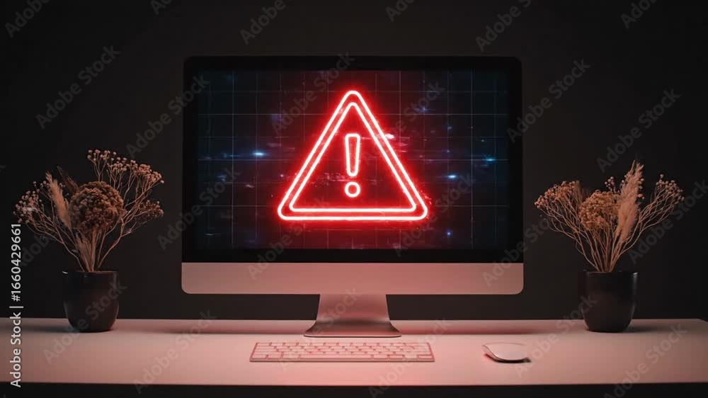 Poster red alert neon sign displayed on a computer screen on table with decorations