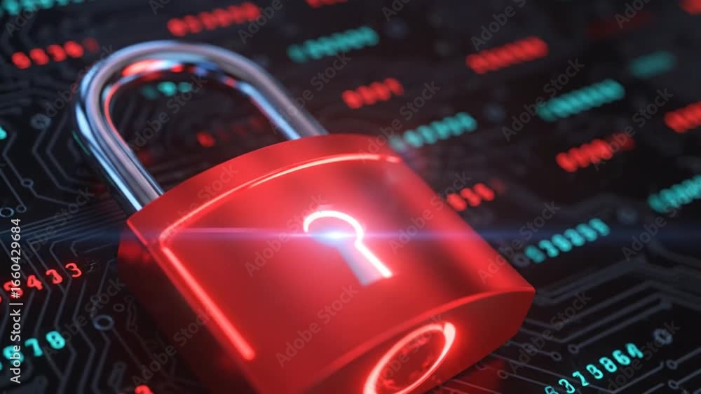 Aufkleber red padlock on circuit board background with binary numbers protection concept