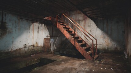 Fototapeta premium Awesome photo of abandoned basement with rusty staircase.